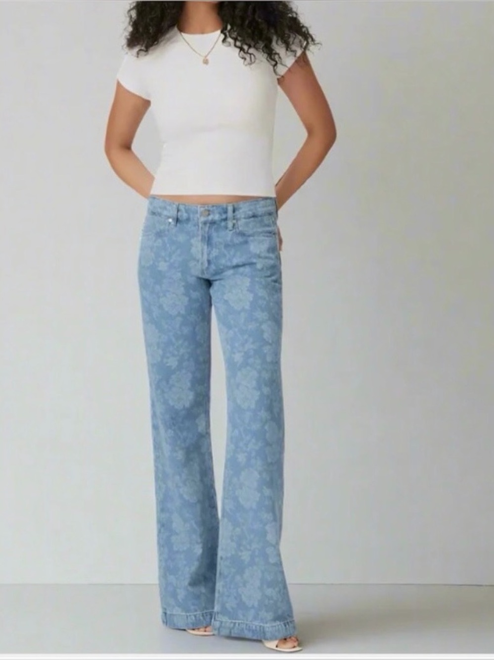 PAIGE Light Blue Floral-Print Flared Jeans